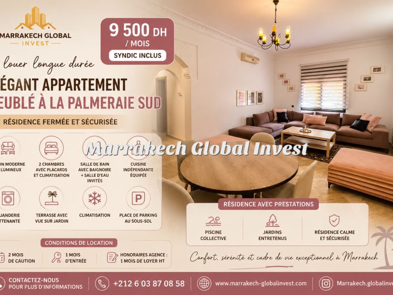 Appartement F3 meublé avec piscine et jardin à louer – Palmeraie, Marrakech