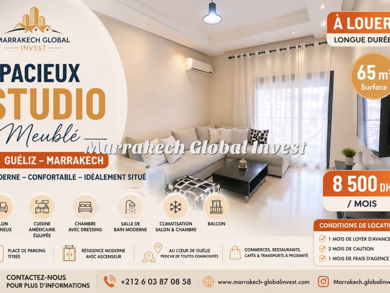 Studio moderne meublé 65 m² avec balcon à louer – Guéliz, Marrakech