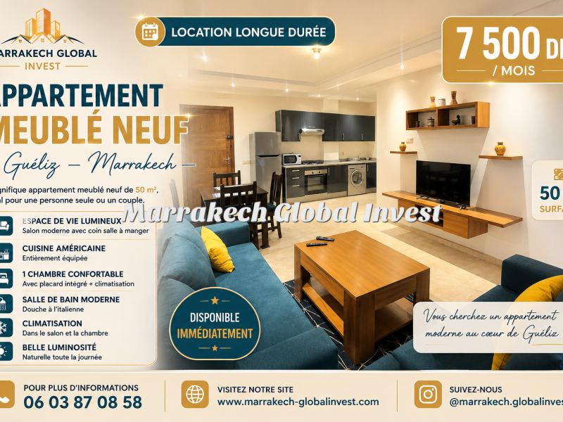 Studio meublé neuf 50 m² à louer – Guéliz, Marrakech